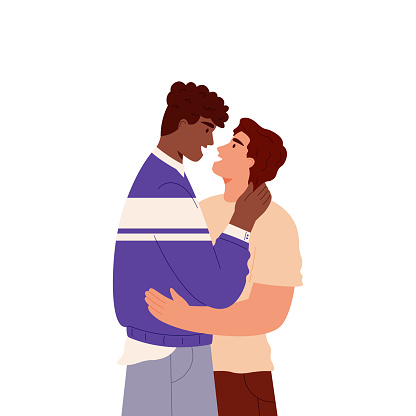 Homosexual couple. Vector illustration of two young men embrace each other. Couple in love looking on each other. Gay couple in love. Isolated on white background.