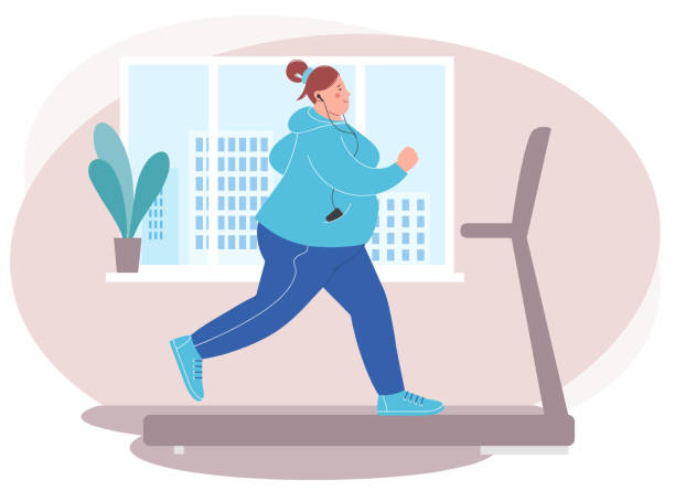 Overweight young woman running on treadmill. Loss weight cardio training. Weight loss home sport concept. Overweight young woman running on treadmill. Loss weight cardio training. Weight loss home sport concept. Flat vector illustration obesity stock illustrations