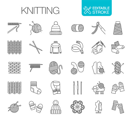 Knitting icons set. Editable stroke vector illustration.