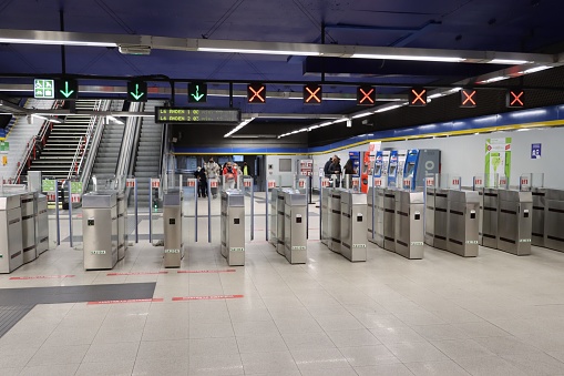 Madrid - Spain - January 6, 2022.
Entrance and exit gates at Moncloa station.