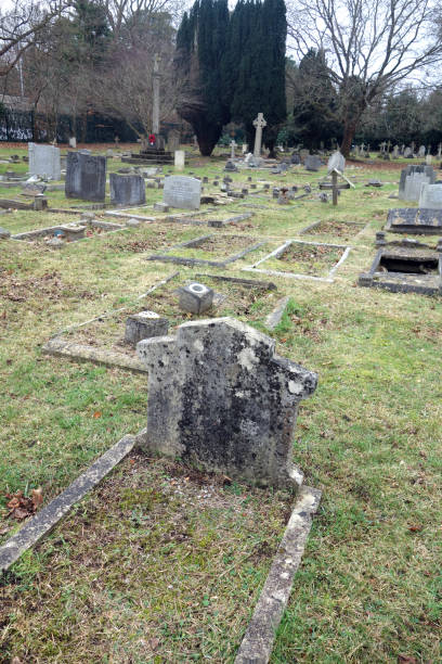 istock Old Graveyard with Broken and Fallen Crosses and Graves in Overgrown Grass Spooky 1366257031