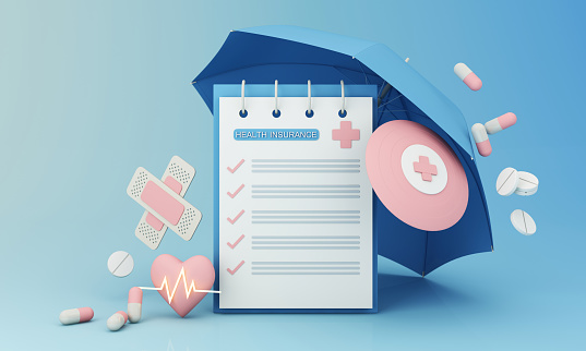 health insurance form surrounded by shields Heart shapes and hatrates and umbrellas and pills. first aid box and vaccine bottle on pastel blue and pink background 3d rendering