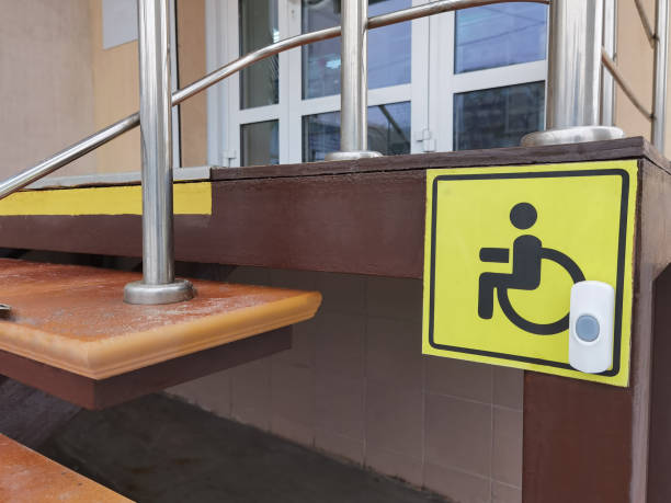 istock yellow and black disabled sign with call button to support wheelchair disabled 1366257900