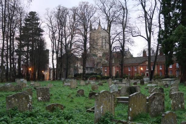 vista de la torre bury st edmunds cathederal a través de un antiguo cementerio y árboles - uk cathedral cemetery day fotografías e imágenes de stock