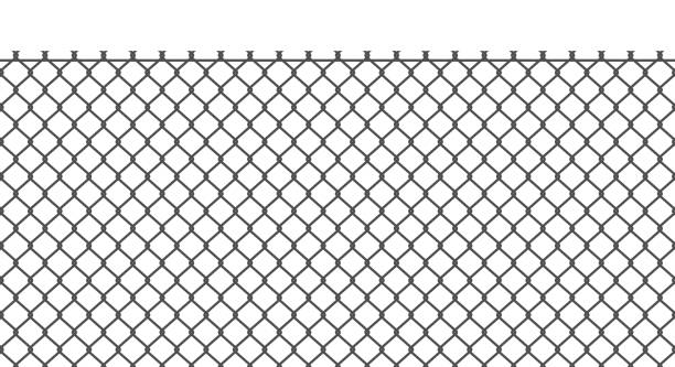 Chain link fence. Flat vector illustration isolated on white Metal grid fence background. Chain link fence, wire mesh, steel metal prison or restricted area barrier. Flat vector illustration isolated on white background. fence stock illustrations