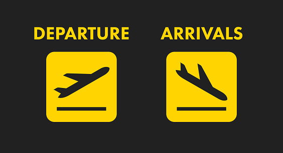 Departure and arrivals yellow signs. Airplane landing and takeoff. Airport navigation icons. Flat vector illustration isolated on black background.