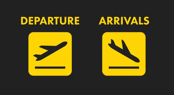 Vector illustration of Departure and arrivals yellow signs. Flat vector illustration isolated on black