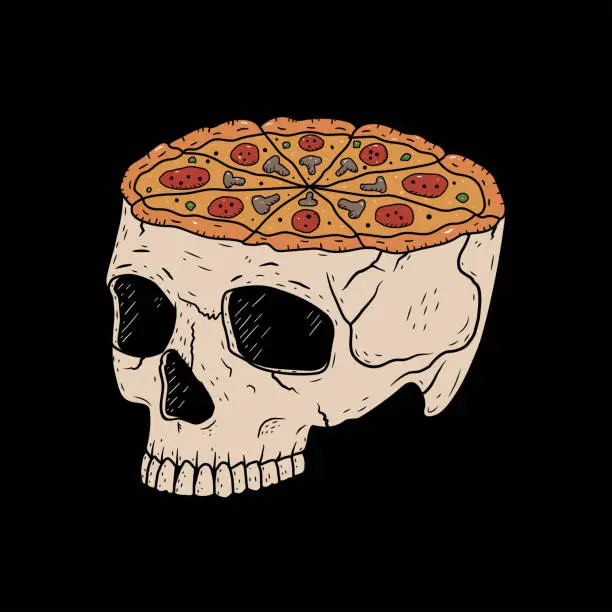 Vector illustration of A skull with pizza instead of a brain vector illustration on black background