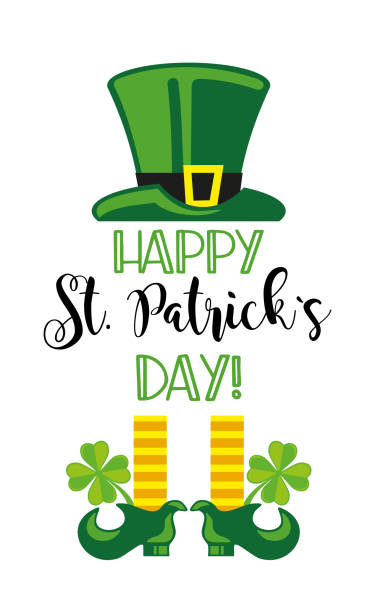 happy st. patricks tag. trendiges design mit typografie, grünem hut, koboldbeinen und klee. handgezeichnete vorlage. - day patricks st patricks day clover stock-grafiken, -clipart, -cartoons und -symbole