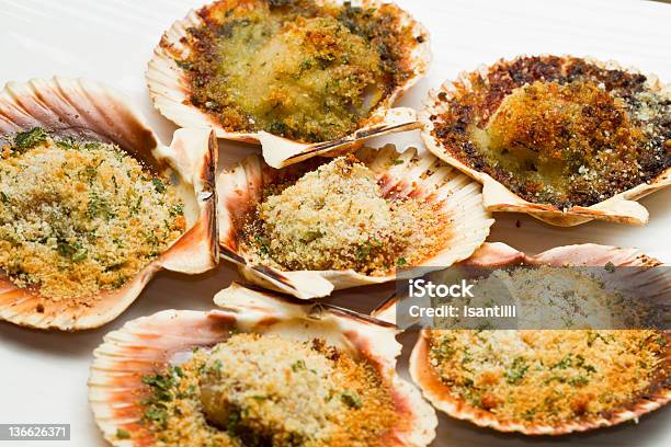 Fresh Scallops Au Gratin In The Oven Stock Photo - Download Image Now - Scallop, Gratin, Appetizer