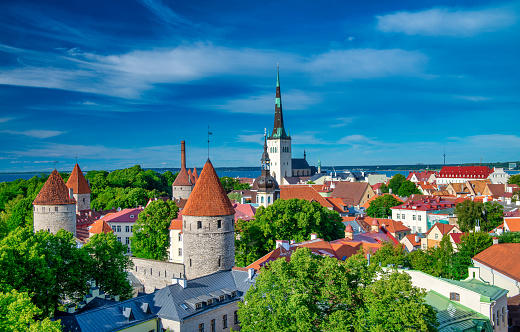 Tallinn old town with walls and buildings, view from Toompea, Estonia