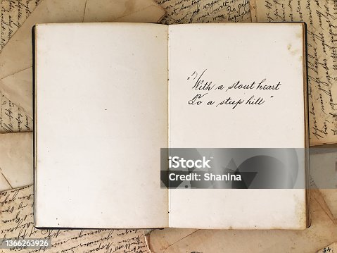 istock Vintage open journal with a loving dedication 1366263926