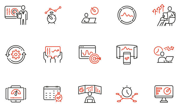 vektorsatz linearer symbole in bezug auf produktivitätszeit, aufgabenverwaltung, dashboards von apps, arbeitsfortschritt und leistungsindikatoren. mono-linien-piktogramme und infografik-designelemente - teil 2 - gesundheitsüberwachung stock-grafiken, -clipart, -cartoons und -symbole