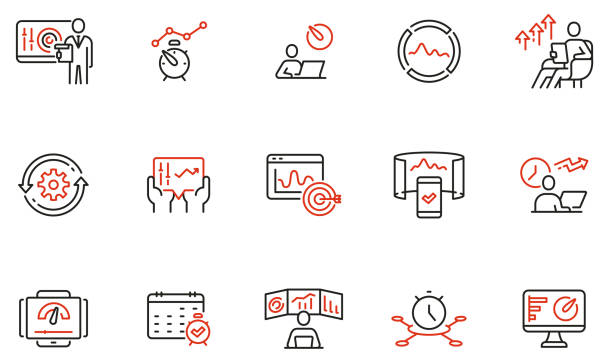 stockillustraties, clipart, cartoons en iconen met vector set of linear icons related to productivity time, task management, dashboards of apps, work progress and performance indicators. mono line pictograms and infographics design elements - part 2 - watch