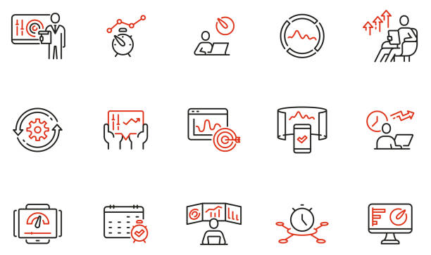 Vector set of linear icons related to productivity time, task management, dashboards of apps, work progress and performance indicators. Mono line pictograms and infographics design elements - part 2 Vector set of linear icons related to productivity time, task management, dashboards of apps, work progress and performance indicators. Mono line pictograms and infographics design elements - part 2 spy stock illustrations
