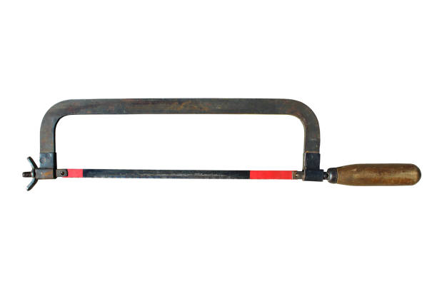 istock Hacksaw for metal with a wooden handle. Close-up. Side view. Isolated object on white background. Isolate. 1366267275