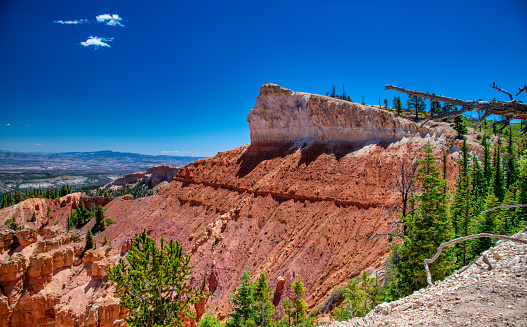 Aerial view of Bryce Canyon on a beautiful summer day. Overlook of orange colorful hoodoos red rock formations in Bryce Canyon National Park, Utah - USA