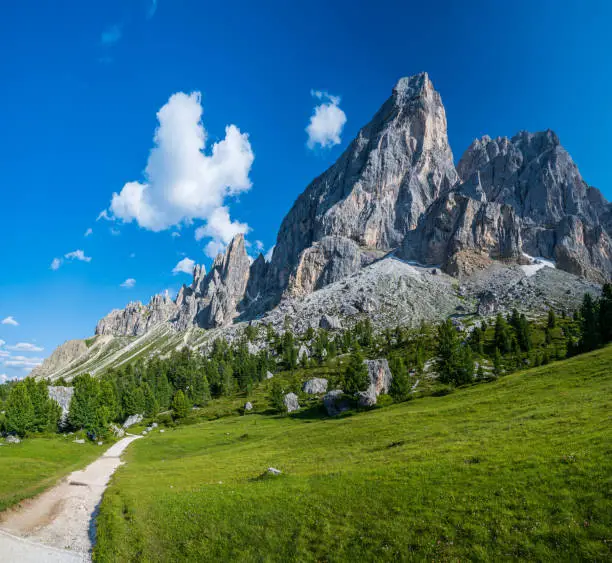 View of the Peitlerkofel (Sass de Putia), a mountain of the Dolomites in South Tyrol, Italy.