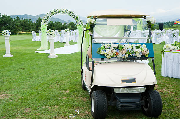 Decorated golf cart for an outdoor wedding