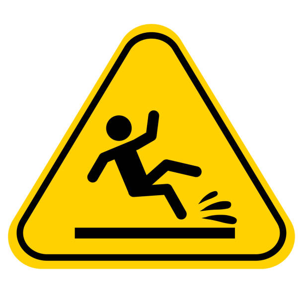 stockillustraties, clipart, cartoons en iconen met slip danger icon on white background. wet floor sign. yellow triangle with falling man symbol. caution wet floor. flat style. - preventie