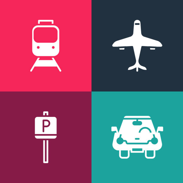 ustaw ikonę pop art car, parking, plane and train i railway. wektor - train silhouette pop art locomotive stock illustrations