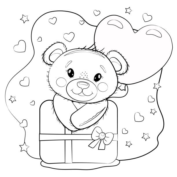 illustrations, cliparts, dessins animés et icônes de mignon ours en peluche coloriant avec un ballon en forme de cœur et un cadeau. ours en peluche sur fond blanc avec des cœurs. illustration vectorielle de dessin animé pour la saint-valentin ou l’anniversaire. - valentines day gift box happiness joy