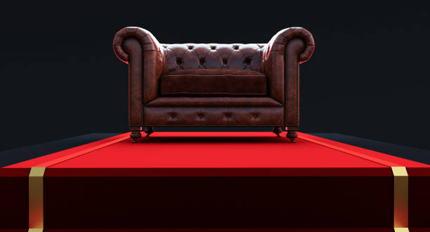 istock Vintage brown leather sofa with red carpet, 3d render 1366274267