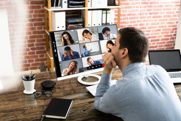 istock Bored Employee In Video Conference Training 1366274646