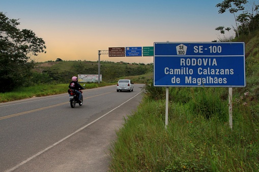 jandaira, bahia, brazil - september 17, 2012: Vehicles traveling on the state highway BA 099 on the border between the States of Bahia and Sergipe.\