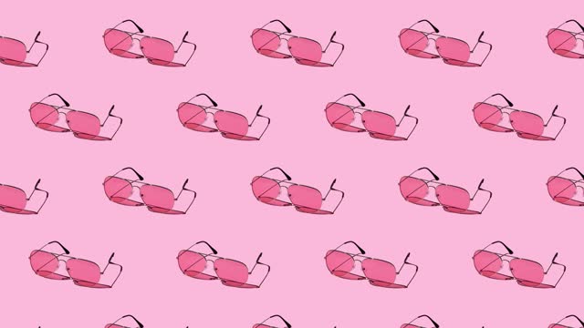 seamless looping animation of a pattern with pink sunglasses on a bright background. hard shadows from the sun at noon. leisure, travel and entertainment concept with copy space