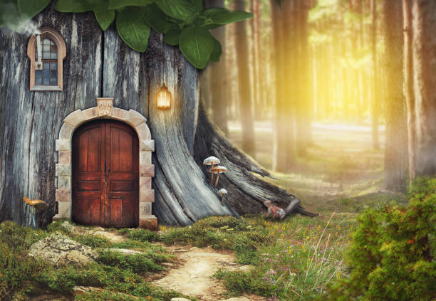 Fairy tree house with old door in fantasy sunny forest