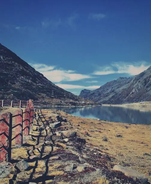 Scenic alpine valley and Sela lake near Tawang in Arunachal Pradesh, North East India