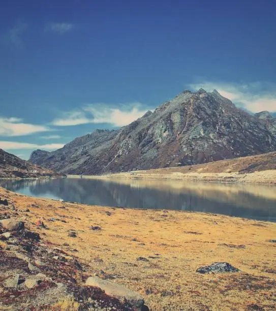 Scenic alpine valley and Sela lake near Tawang in Arunachal Pradesh, North East India
