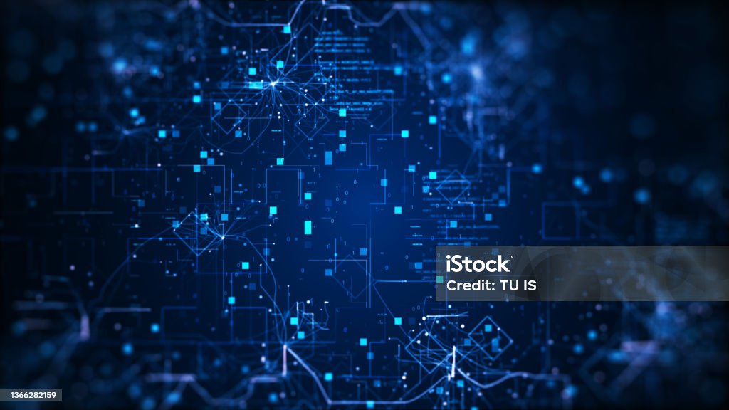 Concept background Digital Technology. Cybersecurity data protection has binary fractal lightning code. dark blue background. Technology Stock Photo