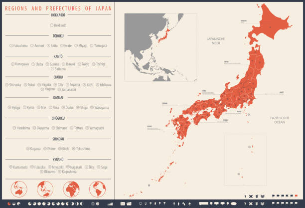 ilustrações de stock, clip art, desenhos animados e ícones de detailed vector map regions and prefectures of japan - japan map tokyo prefecture world map