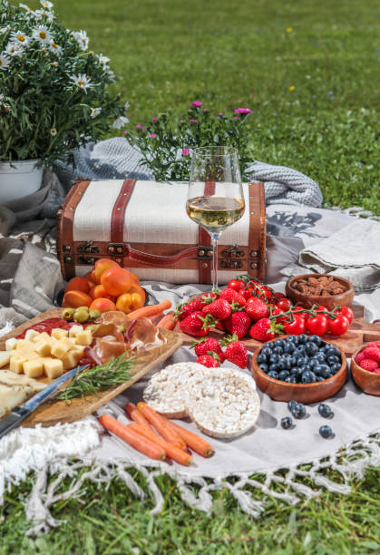 picnic de verano con mantas de vino y aperitivos - wine cheese glass gourmet fotografías e imágenes de stock