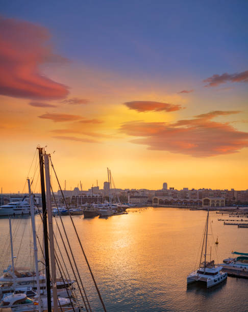 sunset in valencia city marina port harbor in spain - marina nautical vessel sailboat harbor imagens e fotografias de stock