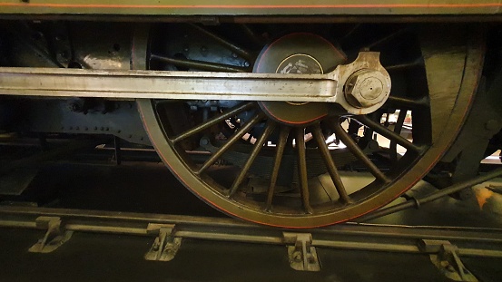 wheel of railway car on rails, closeup