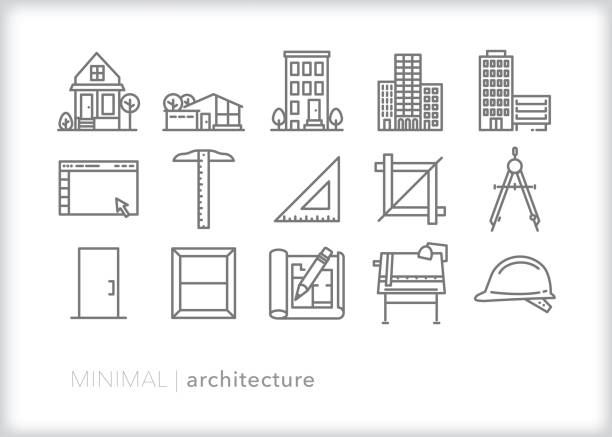 ilustraciones, imágenes clip art, dibujos animados e iconos de stock de arquitectura mínima - drawing compass blueprint architecture plan