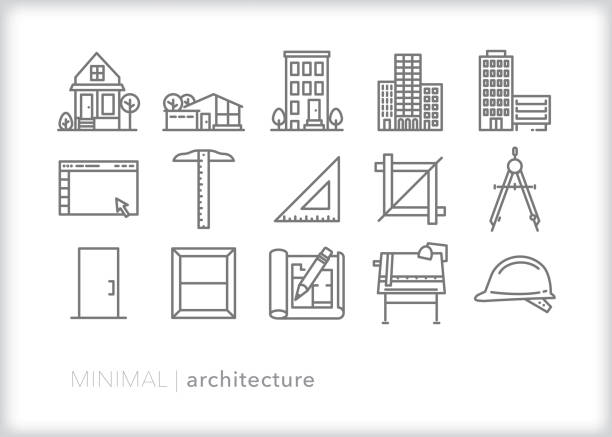 Minimal architecture Set of architecture line icons of the tools an architect would use to design and build residential and commercial buildings drawing board stock illustrations