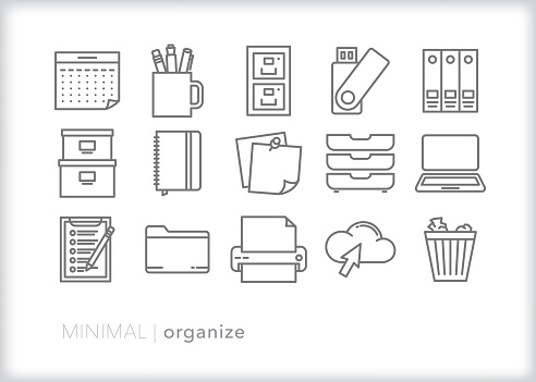 Set of organization icons for cleaning digital or physical files at a home or corporate office
