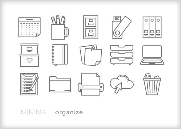 Minimal organize Set of organization icons for cleaning digital or physical files at a home or corporate office file clerk stock illustrations