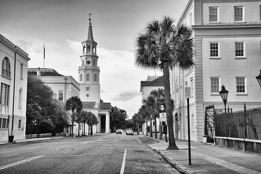 Steeple of historic St. Michael's Church in Charleston, South Carolina.