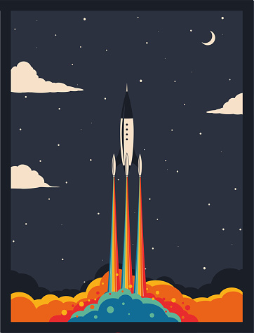 vintage rocket with rainbow stripes flying to the moon. Copy space for designer.