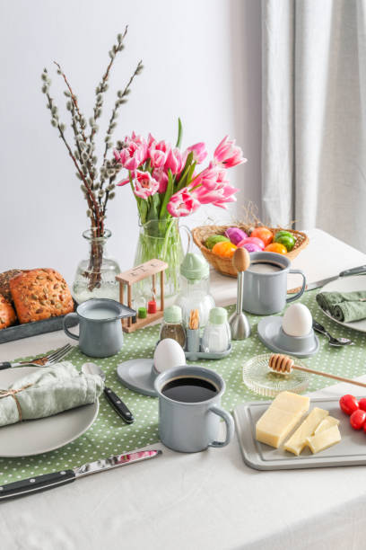 istock Sunday breakfast table setting with eggs, coffee, butter and bread in Germany 1366287888