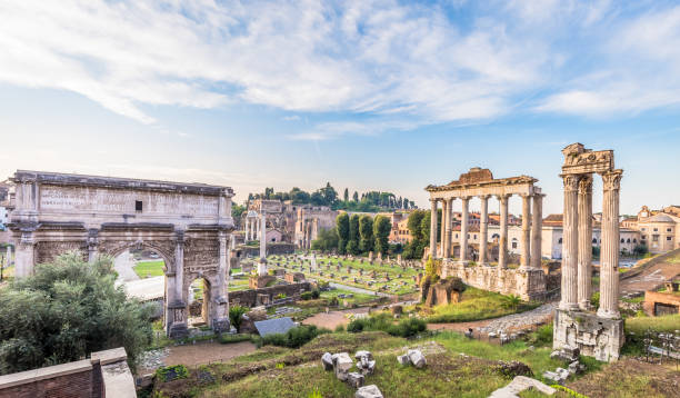 istock Sunrise light with blue sky on Roman ancient architecture in Rome, Italy 1366288719