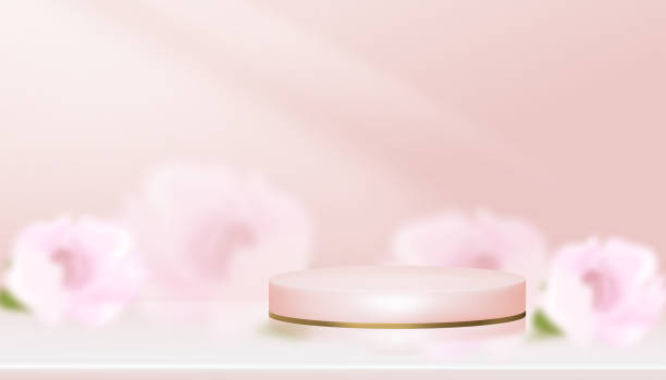 studio room pink podium display with blurry cherry blossom background, vector 3d cylinder on blurred spring sakura flower, sweet pastel backdrop banner for beauty product, mother day,valentine day - cherry valentine 幅插畫檔、美工圖案、卡通及圖標