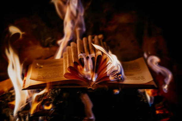 istock Old open book is burning. Big bright flame on papers. Destruction of diary in fireplace. Renunciation of past. Forbidden literature on bonfire. Censorship, prohibition of freedom information 1366289145