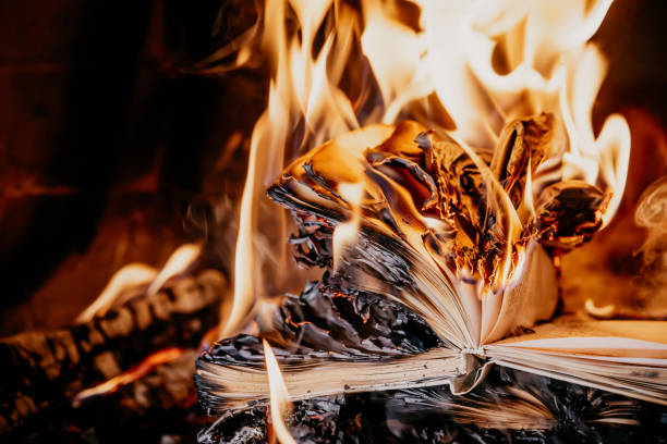 istock Old open book is burning. Big bright flame on papers. Destruction of diary in fireplace. Renunciation of past. Forbidden literature on bonfire. Censorship, prohibition of freedom information 1366290506