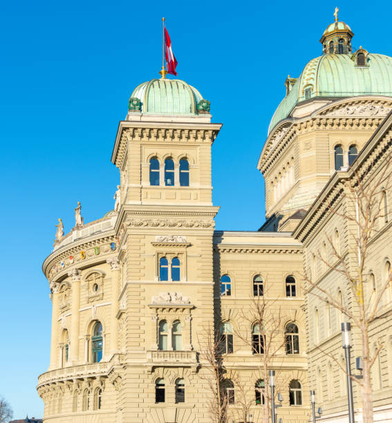 View of the building of the Swiss Federal Palace Bundeshaus Lateral view of the south facade of the Bundeshaus with a blue sky. 02/21/2021 - Bundesterrasse, 3011 Bern, Canton Bern, Switzerland bundeshaus stock pictures, royalty-free photos & images